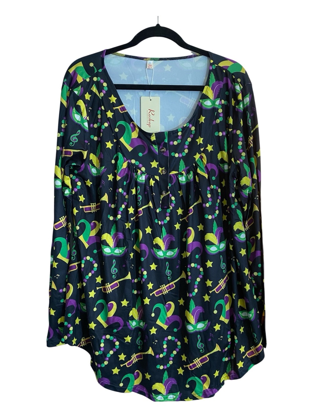 Roshop Mardi Gras Tunic Top XXL NWT Purple Green Gold Carnival Jester Print